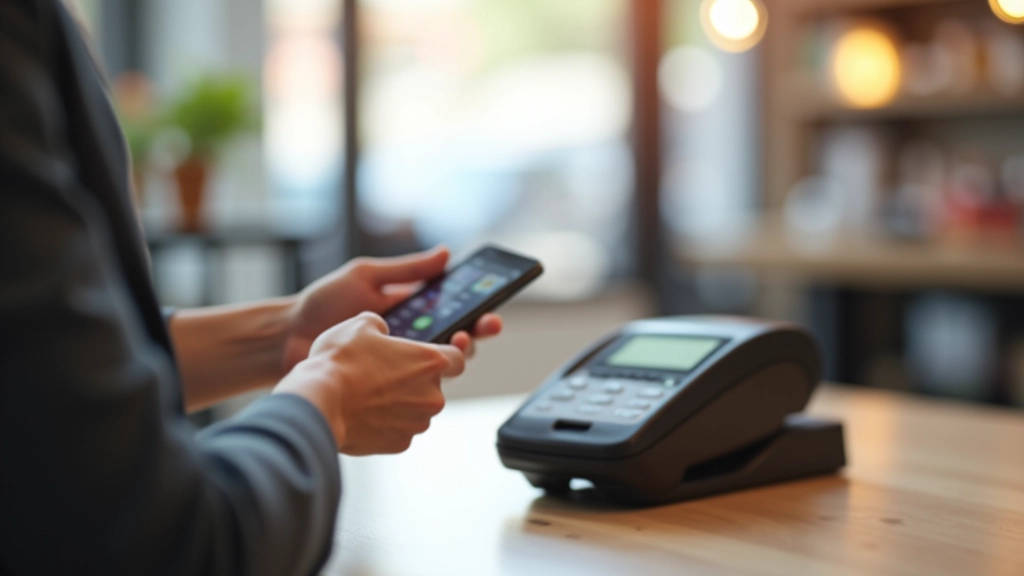 Close-up of NFC contactless payment terminal with smartphone approaching, retail counter environment