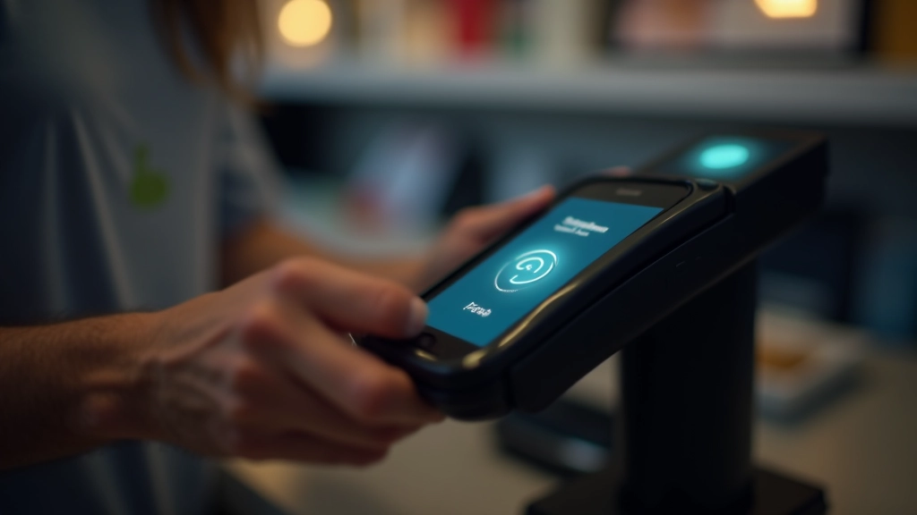Close-up view of NFC payment terminal with glowing indicator light and contactless symbol, retail counter environment