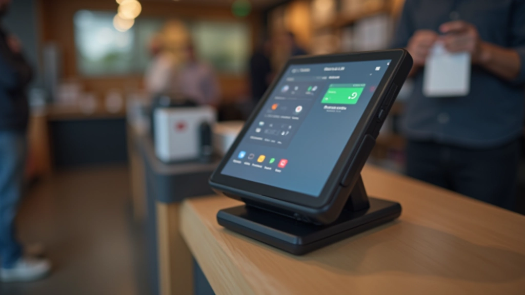 Modern retail point of sale terminal displaying contactless payment symbol with Czech crown currency indicator