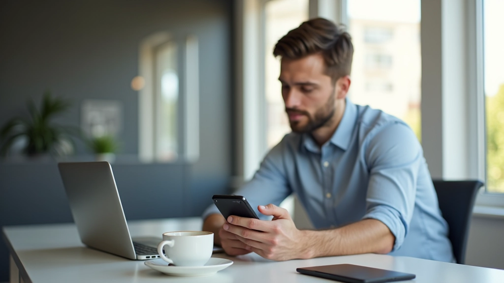 Professional looking at mobile banking app on smartphone in modern office environment